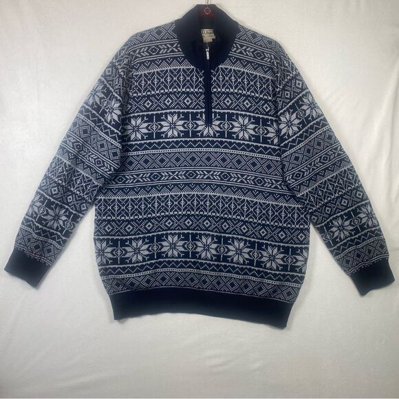 L.L. Bean 1/4 Zip Nordic Fair Isle Knit Blue Tone Sweater Size XL - Picture 1 of 10